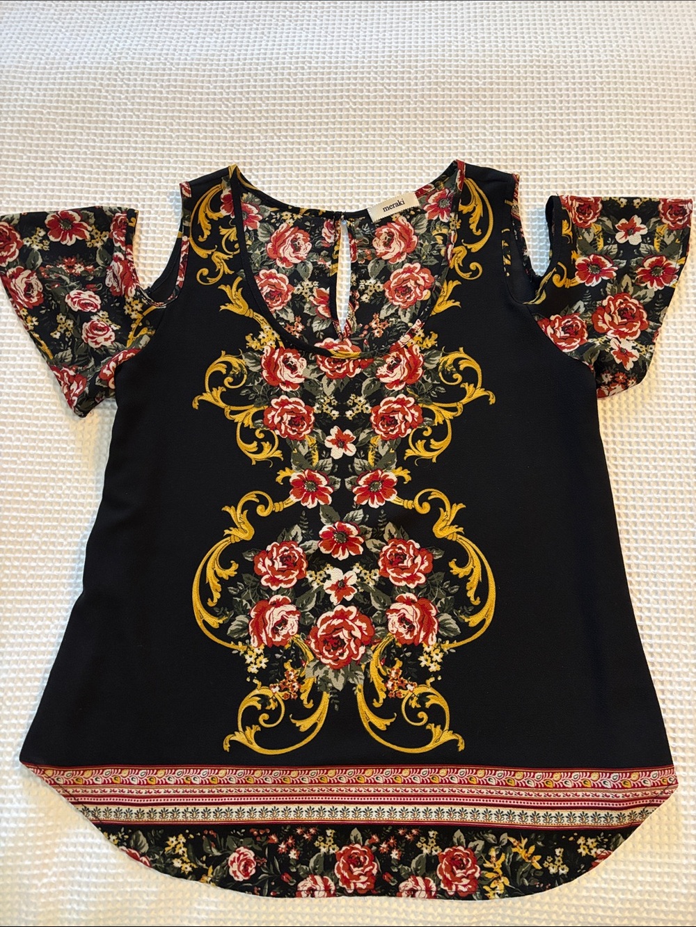 Floral Black Cold-Shoulder Top with Gold Scroll Detail